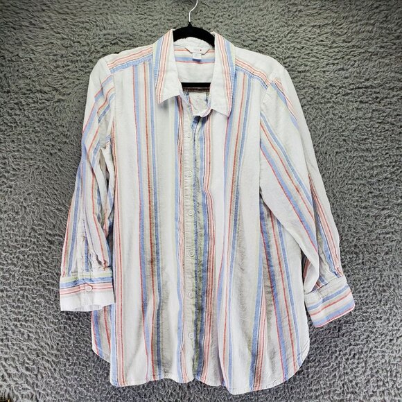 Intro Top Womens XL White Striped Button-Up Linen Blend Shirt - Picture 1 of 8
